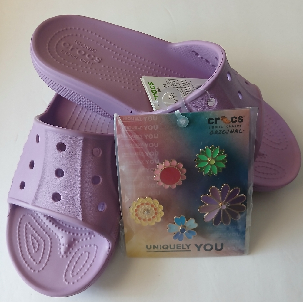 (New) Crocs Slides (Lavender) & 5 Charm Pack Set (M9/W11)
